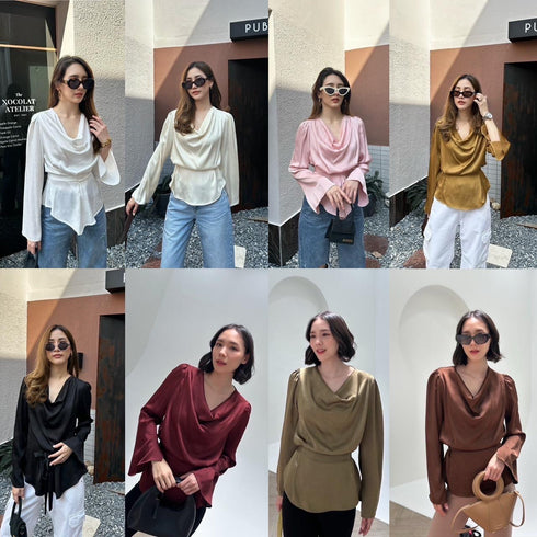 Premium Satin Cowl Neck Waist Tie Trumpet Sleeves Tops